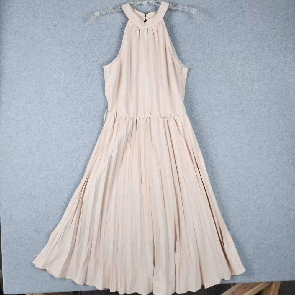 Kirundo Pleated Dress‎ Womens Small Beige Halter Neck Elegant Party Cocktail